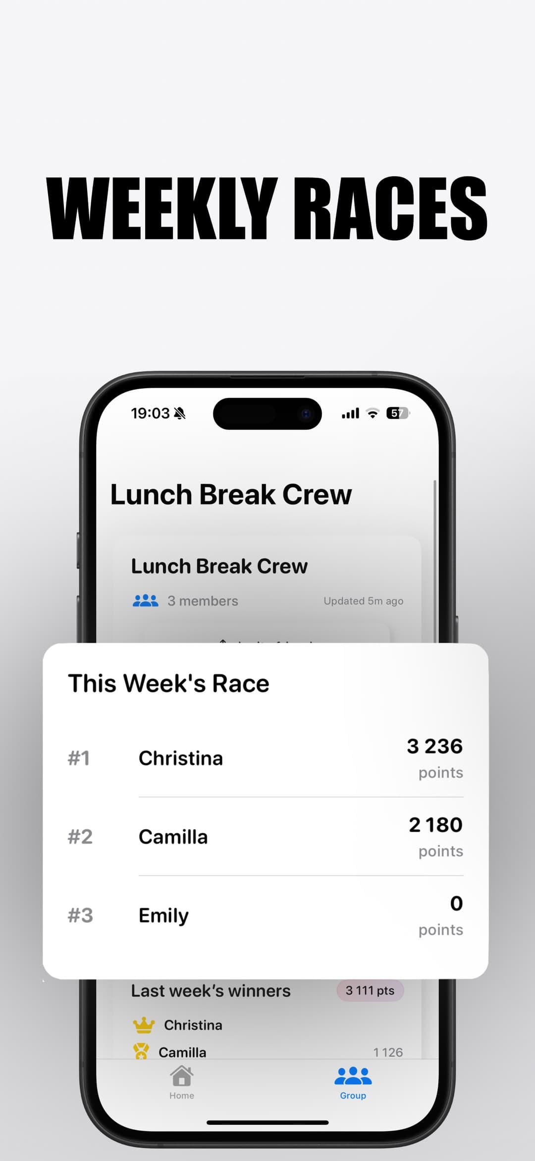 Competo weekly race leaderboard showing three group members ranked by points.