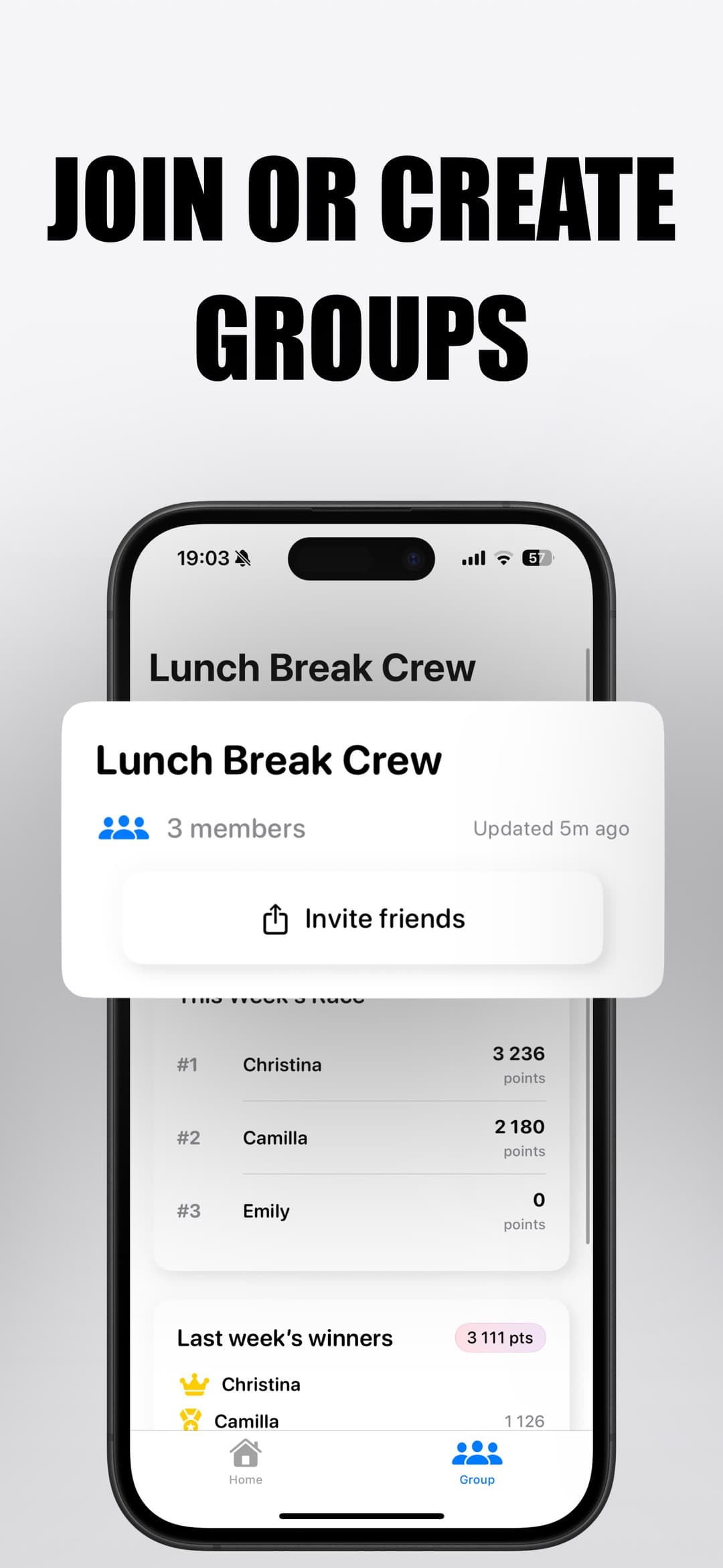 Competo group screen with an invite friends button.
