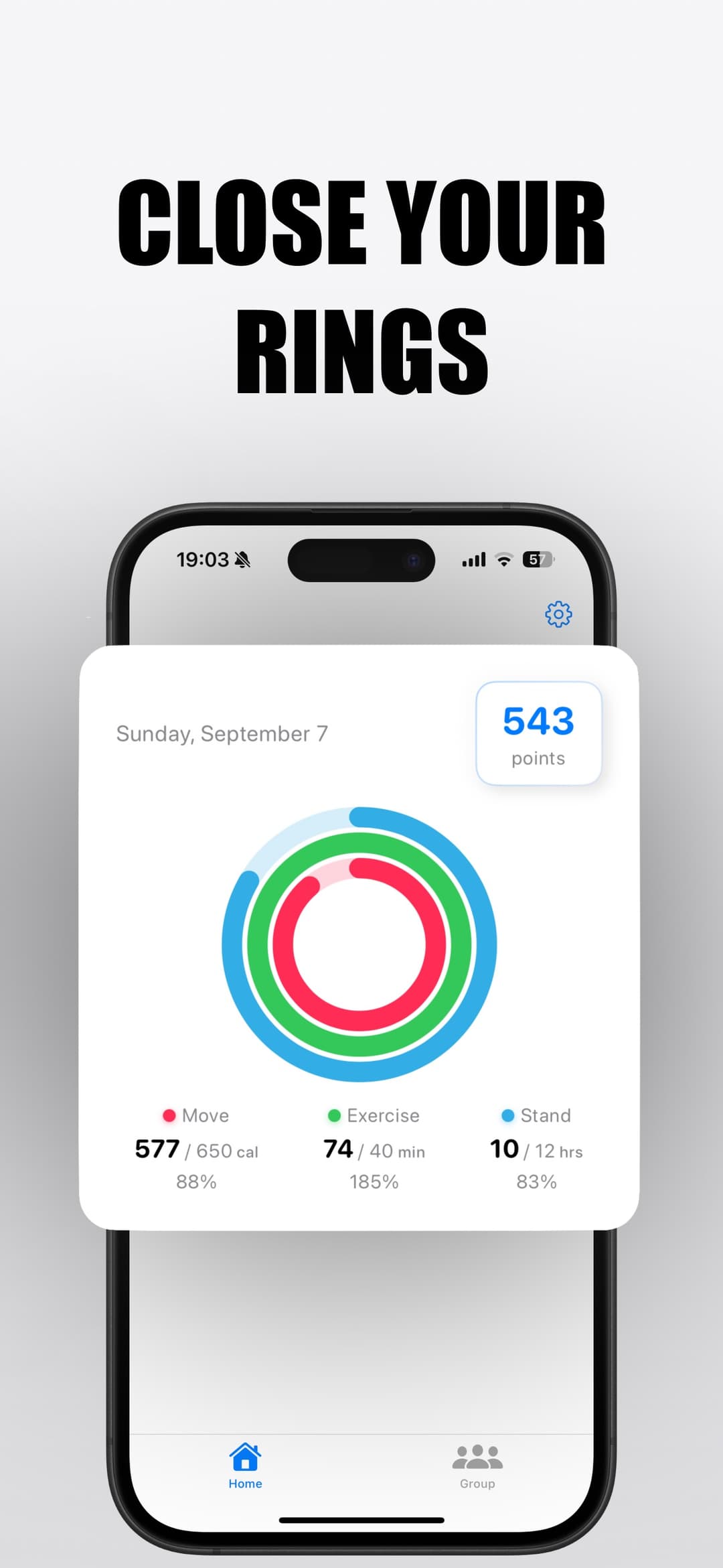 Daily Activity ring progress in Competo with 543 points earned.